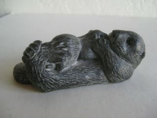 Vtg Al Wolf Inuit Alaskan Otter & Baby Soapstone Carving Sculpture Signed W.  E.