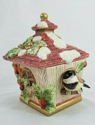 Fitz And Floyd Classics Ceramic Trinket Candy Box Jar Snowy Winter Bird & Holly