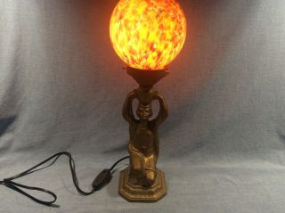 Art Deco Metal Lady Lamp W/ Speckled Czech Shade