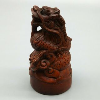 Hand Carved Japanese Boxwood Netsuke Soaring Dragon Handy Wood Carving Figurine.