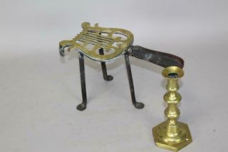A Fine 18th C Wrought Iron And Decorated Brass Hearth Trivet With A Wood Handle