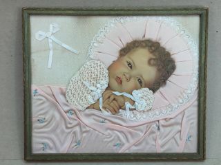 Vintage Framed Folk Art Baby Girl Picture Real Hair Satin Lace Crochet Ribbon