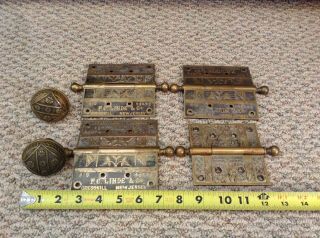Vintage F.  C.  Linde & Co.  Brass Hinges And Door Knobs - Set Of 4 Hinges & 2 Knobs