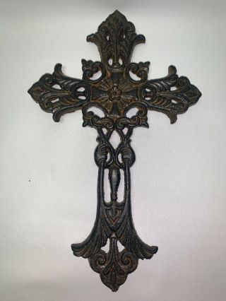 Vintage Cast Iron Cross Wall Hanging Heavy Rustic Brown Religious 11”x7”