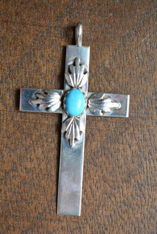 Vintage Navajo Large Sterling Silver Turquoise Cross Pendant Signed Ry