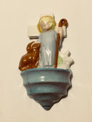 Vintage Holy Water Font.  Ceramic Porcelain Shepherd Boy W/ Lambs