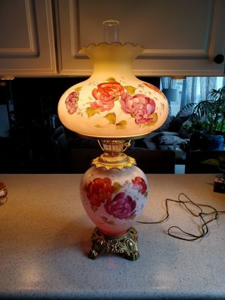 Vintage Hurricane Parlor Lamp Large Hand Painted Flowers 30” Gone With The Wind