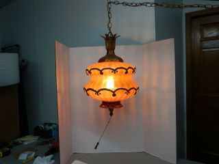 Vintage Orange Swirl Glass Hanging Swag Lamp Pendant Light Fixture Metal Banding