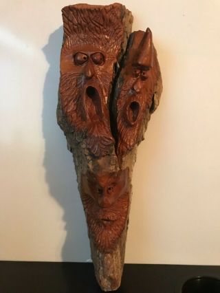 Unique Hand Carved Triple - Face Wood Spirit From Mountains Of Nc