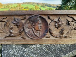 19thc Gothic Wooden Oak Panel With Carved Head & Griffins