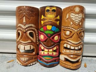 Unique Tropical Design Hand Chiseled Set Of (3) Wood Tiki Style Wall Decor Masks
