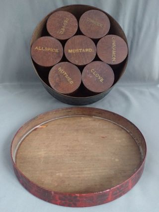 UNUSUAL PRIMITIVE ANTIQUE PAINTED WOOD WOODEN PANTRY SPICE BOX CANISTER SET 2