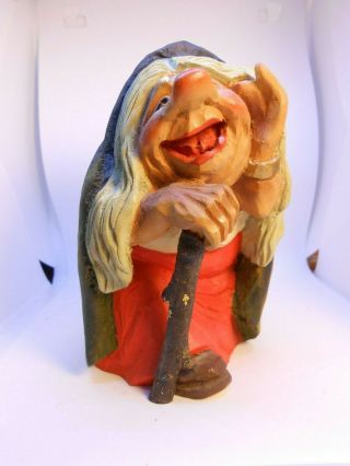 Vintage Henning Norway Hand Carved Wooden Troll Woman Walking Stick Cane Figure