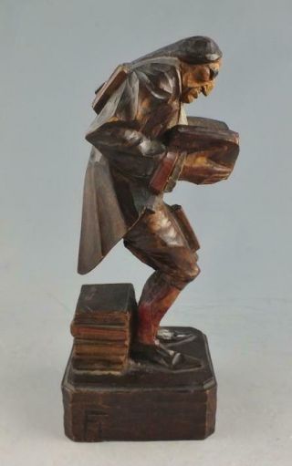 Folk Art Carved Wood Figure Of A Librarian Or Bookworm 7 3/4 " High Signed F.  L.