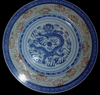 Vintage Chinese Rice Eyes Dragon Pattern Blue Red & White With Gold Plate 10 " D