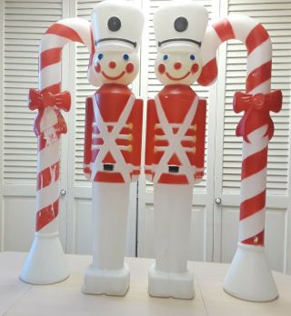 2 Candy Cane W/ribbon & 2 Toy Soldier Blow Mold - Vtg - 30 " Ht.  Set Of 4 - No Cords