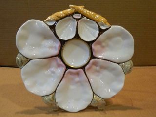 Antique Oval Oyster Plate 5 Wells & 3 For Sauce Mixed Shells Decoration