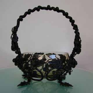 Gorgeous Antique 1930 French Art Deco Wrought Iron By Hand Basket Bowl Glass