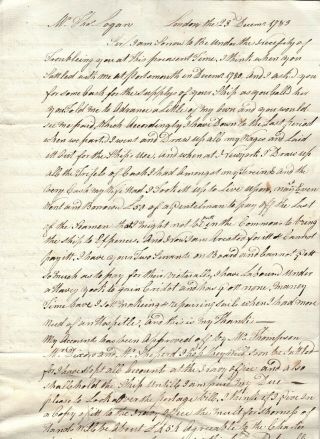 1783,  Hms Providence,  British Troop Transport,  Capt.  Ritchie Signed Letter