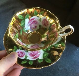 Queen Anne Bone China England Cup & Saucer Big Pink Roses W/ Heavy Gold On Black