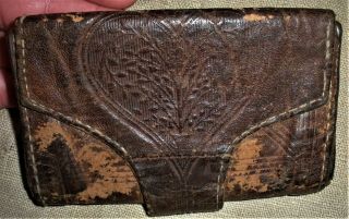 Antique C.  1760 - 80 Revolutionary War Era Tooled Heart Leather Folding Wallet Vafo