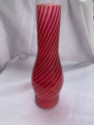 Antique Old Glass Cranberry & White Opalescent Swirl Stripe Oil Lamp Chimney