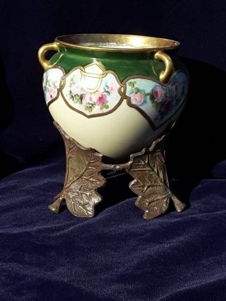 Nouveau / Arts & Crafts Hand Painted Egg Vase Planter w/ Metal STand 3