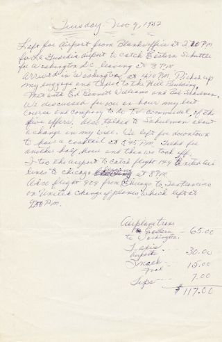 11 - 9 - 1982 Joe Dimaggio Vintage Handwritten Diary Page Steiner