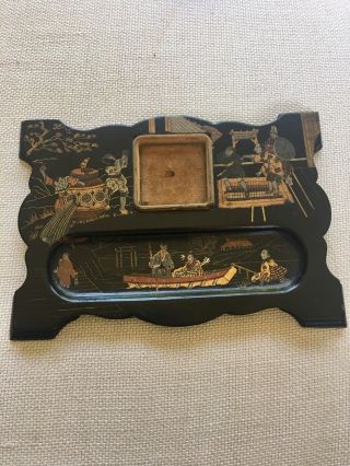 Antique Black/gold Lacquer Papier Mache Chinoiserie Desk Holder