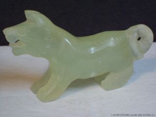 Hand Carved Soapstone Akita Dog Figurine Curled Tail Green Stone Puppy Figure