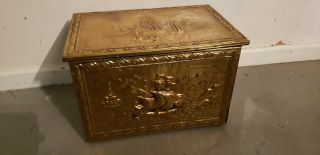 Vintage English Embossed Brass Fireplace Tinder Box Chest 1960s