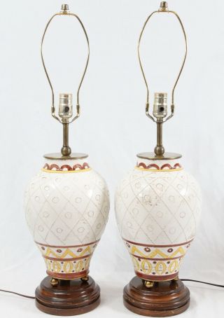 Italian Pottery Painted Sgraffito Geometric Vintage Table Lamps Pair Mid Century