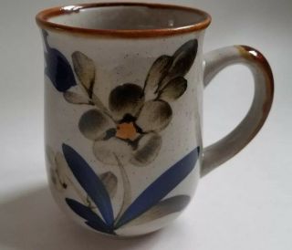 Mid Century Speckled Stoneware Mug Flower Floral Cobalt Blue Studio Pottery