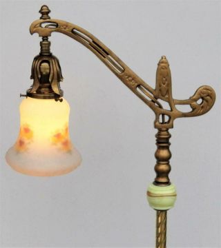 Antique Art Deco Cast Iron And Brass Bridge Lamp Houze W Glass Accents And Shade