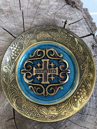 Vintage Ornate With Cross Jerusalem Wall Plate Black Gold Metal Brass 4”