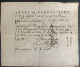 1781 American Revolutionary War Pay Document - Connecticut - To Lieut.  Seth Smith