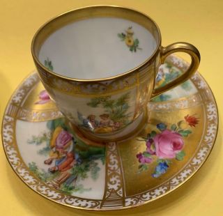 Vintage German Dresden Demitasse Cup & Saucer Courting Couple Saxony Gold Pink