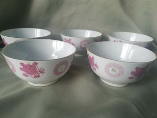 5 Vintage Marked,  Made In Liling China Porcelain Chinese Bowls,  Pink,  Gold Trim