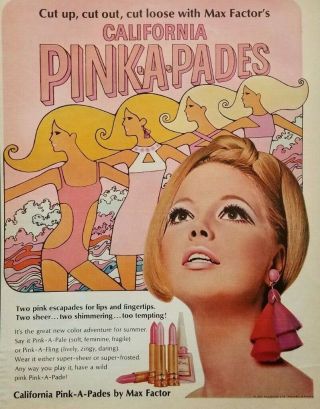 1960s Art California Pink A Pades Max Factor Make Up Cosmetics Lip Stick Ad