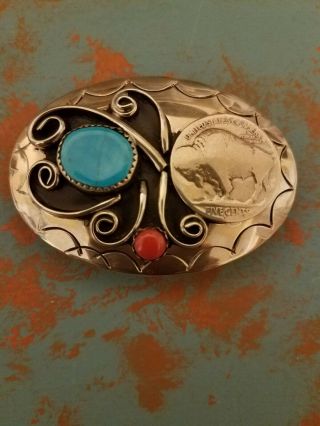 Vintage Native American Style Turquoise & Red Coral Buffalo Nickel Belt Buckle