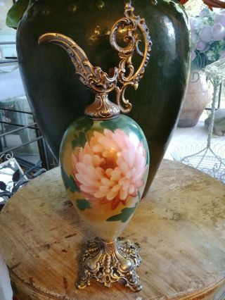 17 " Antique Victorian Ewer Vase Urn Floral Painted Porcelain & Ornate Gilt Metal