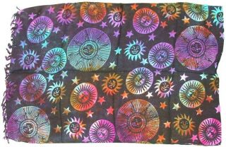 Sun & Stars Altar Cloth / Sarong / Tapestry Black On Tie Tye Dye: 44 " X 72 "