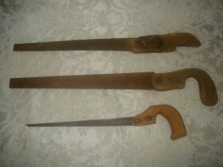 3 Antique Vintage H.  Disston & Sons Key Hole Style Wood Handle Hand Saws
