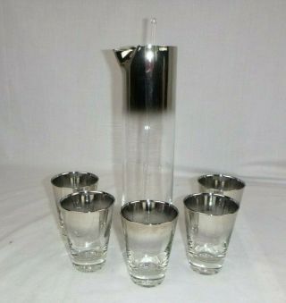 Vtg Mid Century Mod 7 Pc Cocktail Bar Set Pitcher Tapered Glasses Silver Fade