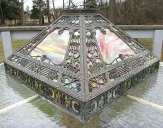 Large Restore Antique Art Nouveau Miller Era Stained Slag Glass Lamp Shade 21 "