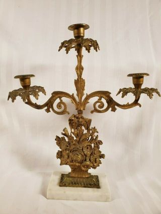 Single Figural Antique 1800’s Girandole Gilt Brass Candelabra Marble Base