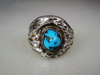 Old Navajo Cast Sterling Silver & Kingman Turquoise Nugget Ring Sz 8.  5