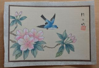 Vintage Hand Painted Flowers & Blue Bird - Chinese Signed Picture On Silk