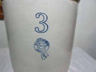 Antique 3 Gallon Blue Ribbon Stoneware Crock Buckeye Pottery Macomb,  Illinois 2