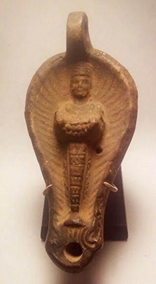 2000,  Year Old Oil Lamp - Goddess Artemis - Fired Clay - Museum Display Stand